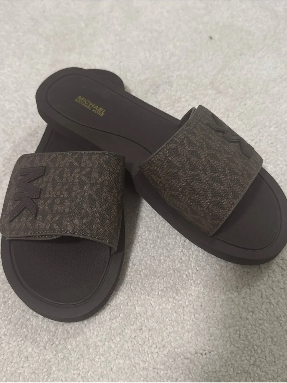 NWOB Michael Kors Men's Brown MK Monogram Slide Sandals Size 10